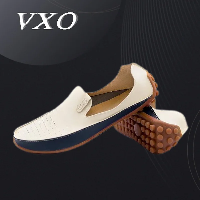 

VXO Color Matching Men Leather Casual Loafers Summer Flats Slip-on Breathable Moccasins Soft Drive Outdoor Shoes