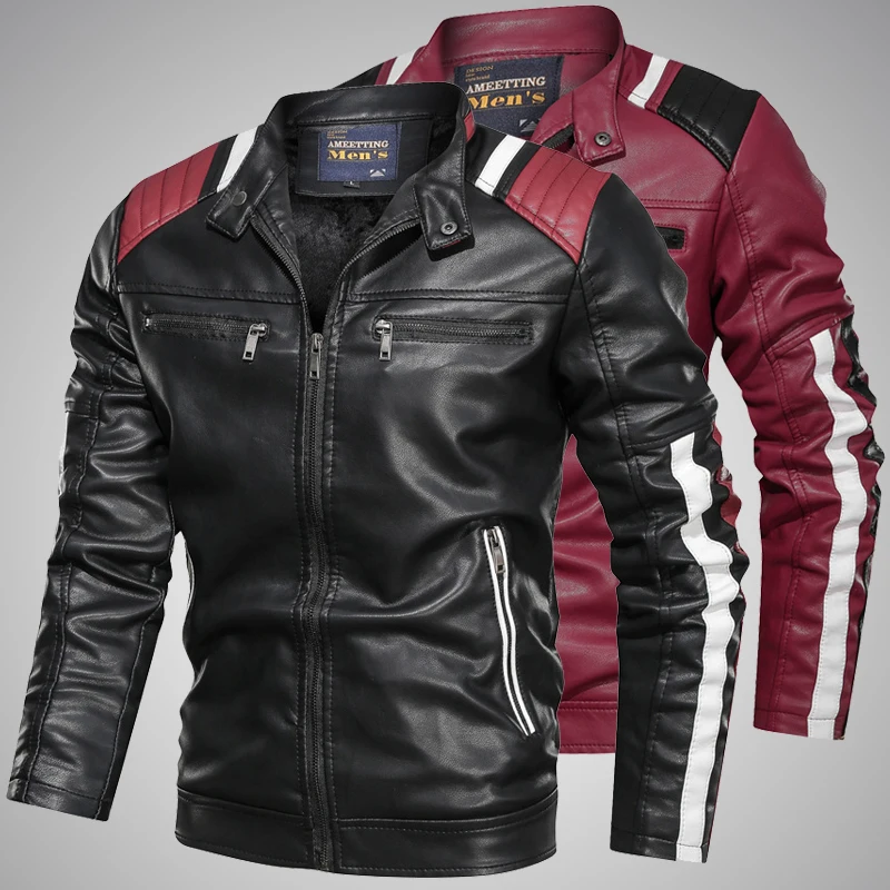 

Winter Men's Leather Jackets High Quality Stand Collar Jacket Patchwork Motorcycle Bomber Coat Mens Biker Brown Leather Jacket
