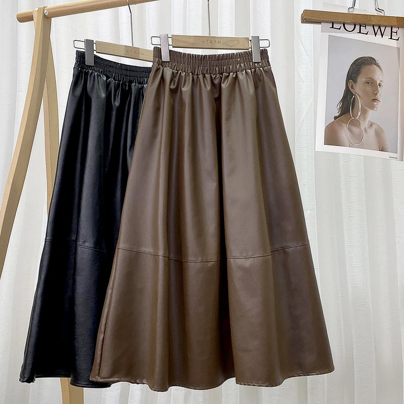 

Croysier High Waist A Line Skirt 2021 Autumn Winter Faux Leather Skirts Womens Elastic Waist Solid Vintage PU Leather Midi Skirt