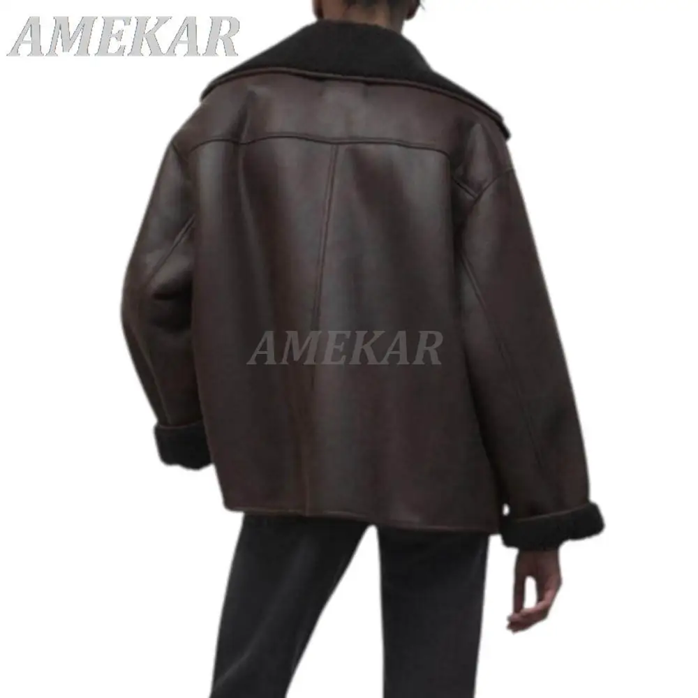 2023 Women's Winter Vintage Lambswool Lapel Jacket Faux Leather Thick Warm Asymmetry Coats Ladies Biker Outwear Casual Top Mujer