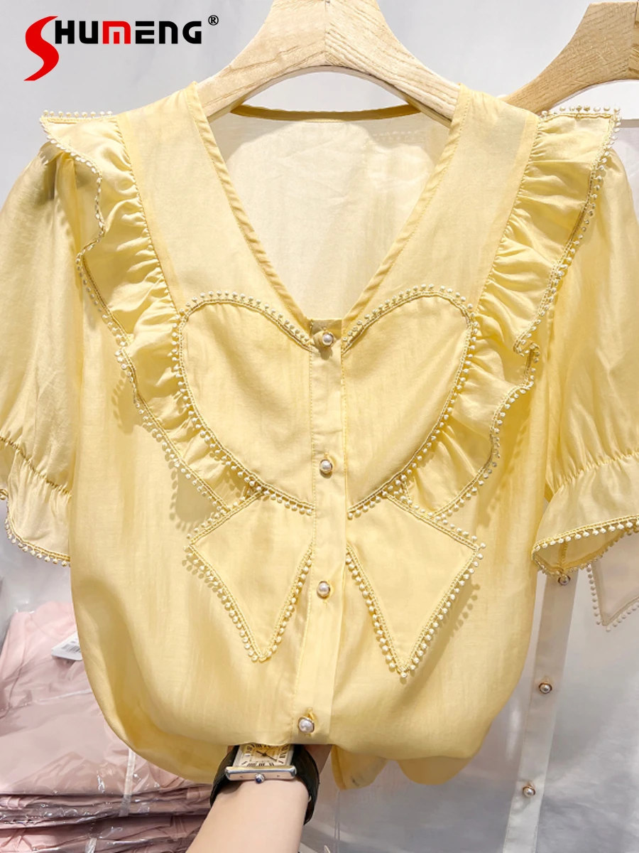 

2022 New Temperament Pure Color V-neck Blouse Ruffled Beaded Single-Breasted Short Sleeve Chiffon Shirt Women's Summer Thin Top