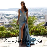 ohmmayby high slit v neck 2022 pleat evening dresses spaghetti strap sashes sleeveless summer prom gowns robes de soir%c3%a9e summer