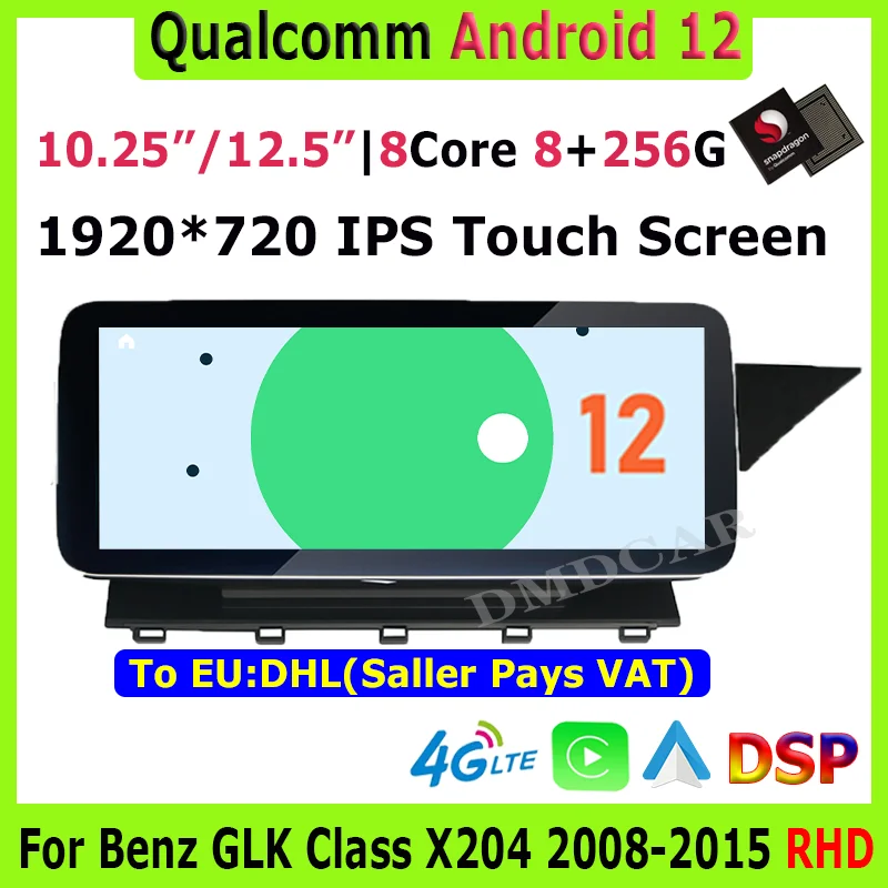 

10,25/12,5 "Android 12 8Core 8 + 256G Snapdragon мультимедийный GPS-радиоприемник для Mercedes Benz GLK Class X204 2008 - 2015 RHD carplay