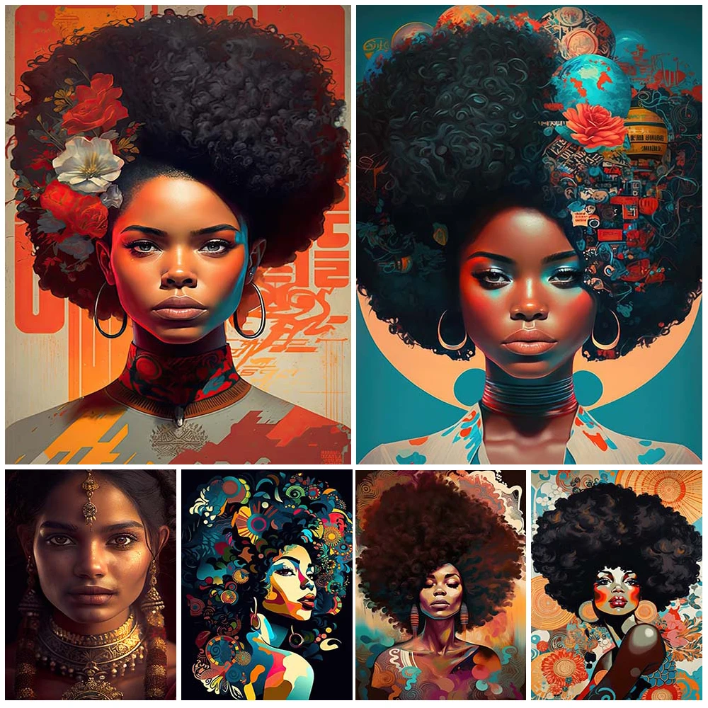

Black Girl Woman Funky Afro Portrait Poster Wall Art Canvas Painting Posters Home Decor Wall Pictures For Living Room Unframed