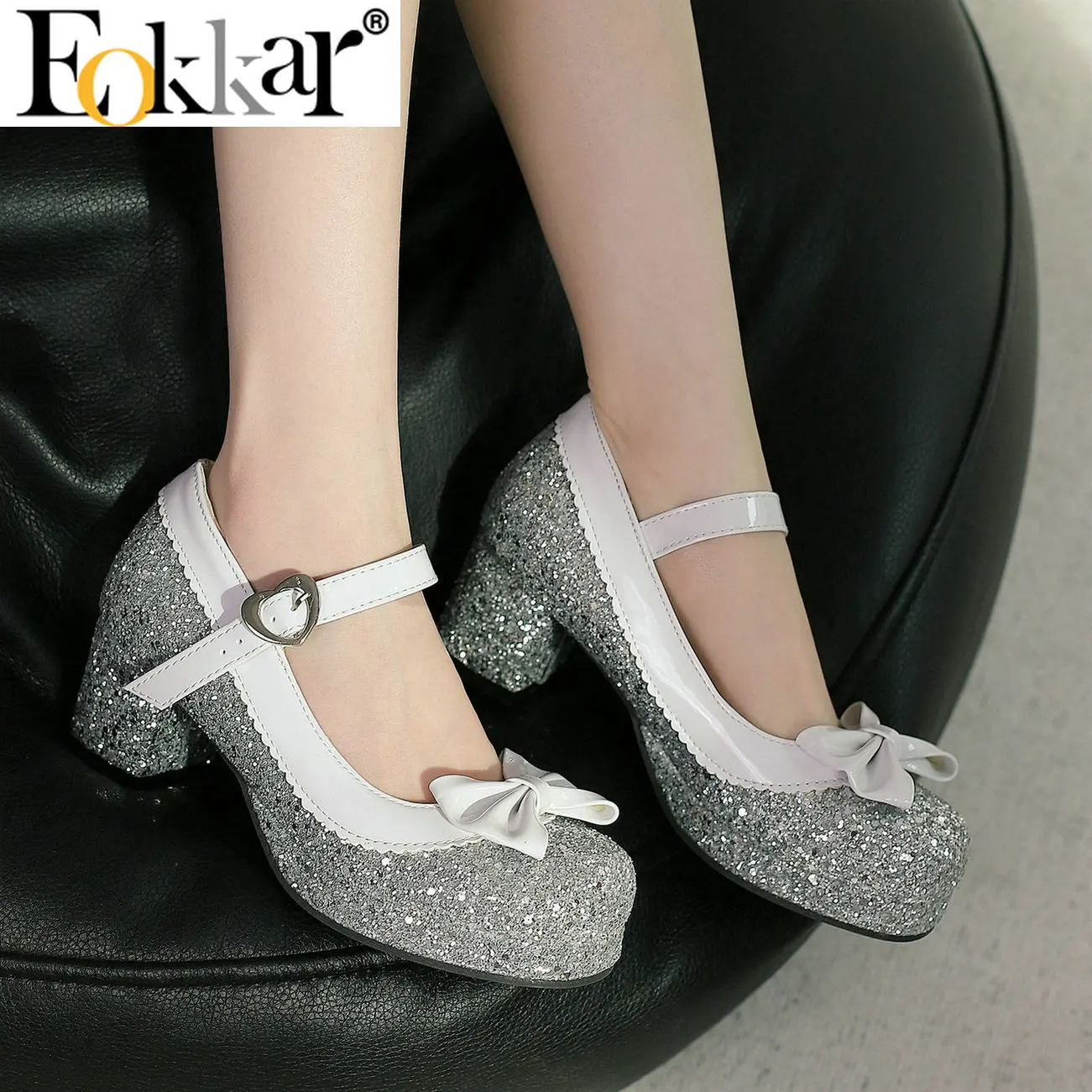 Eokkar Glitter Mary Janes Lolita Shoes with Bow Chunky Heel Platform Sparkly Pumps Cute Kawaii Shoes Japanese Cosplay Shoes