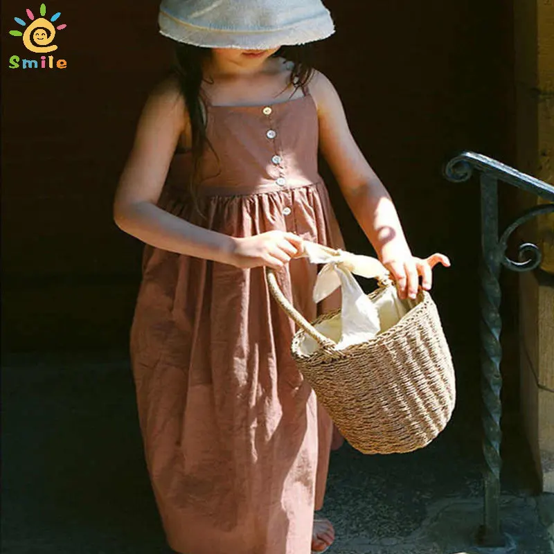 

Baby Girl's Children Fashion Summer Dress Kids Girl Casual Linen Cotton Strapless Button Dress Kids Holiday Dresses 2-6Y