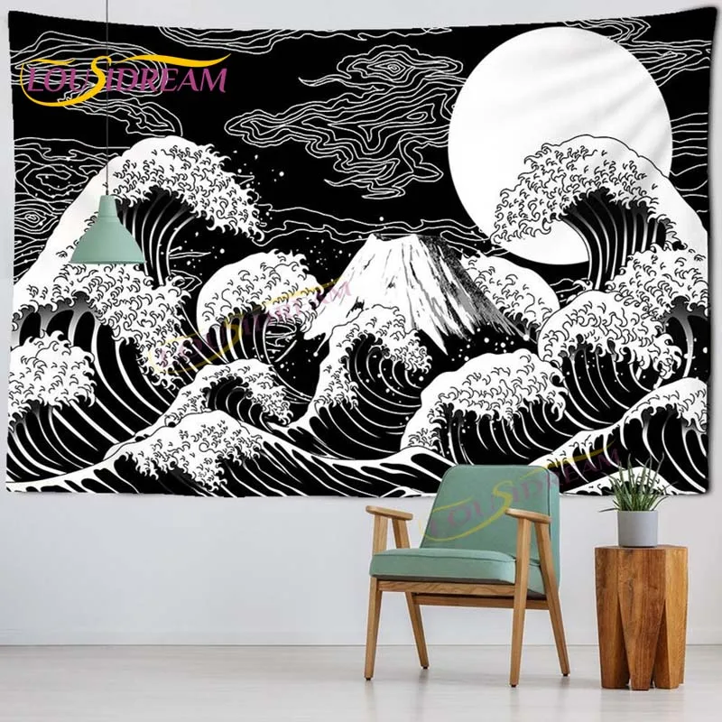 Japanese-style Cartoon Ukiyo Printed Hanging Tapestry Samurai Pattern Black Cat Wall Kanagawa Waves |
