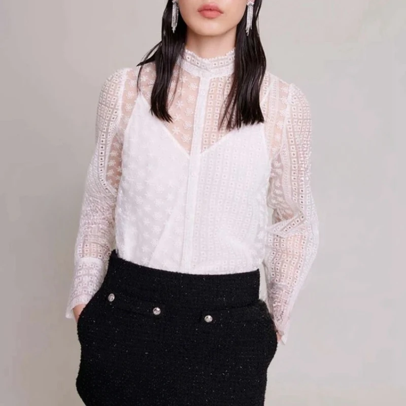 

VII 2023 брендовая Осенняя женская одежда элегантная вышитая кружевная блузка с воротником-стойкой и длинным рукавом женская блузка Бесплатная доставка предложение