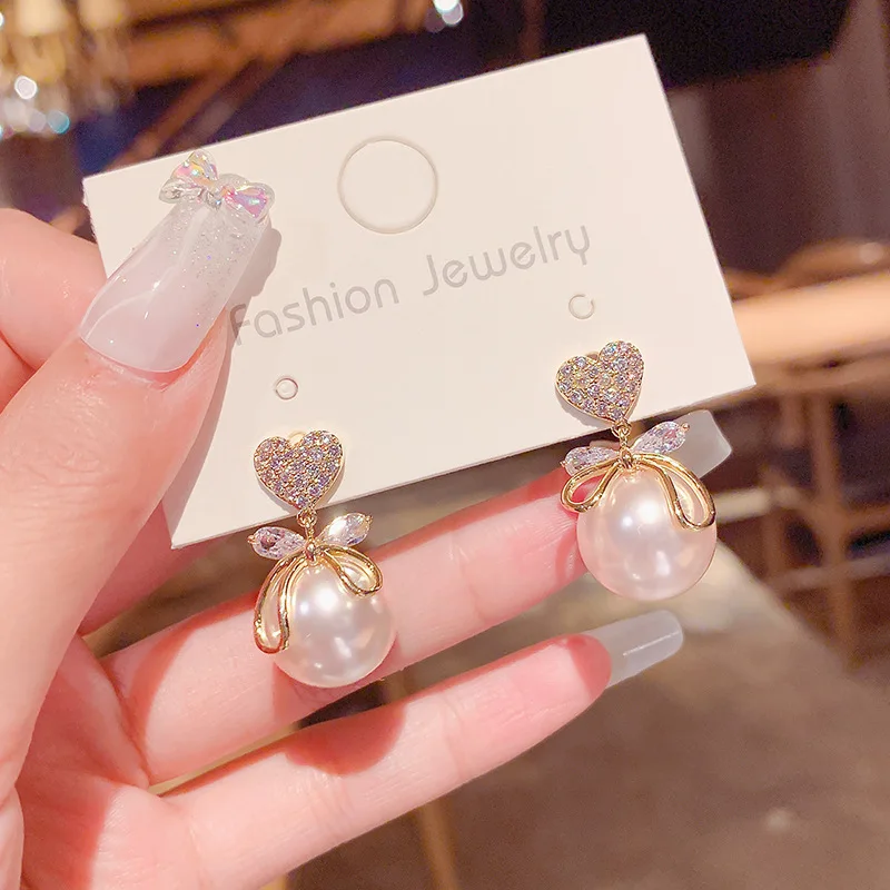 

S925 Silver Needle South Korea Fashion Versatile Network Red New Product Peach Heart Big Pearl Ear Jewelry Style Elegant Earring