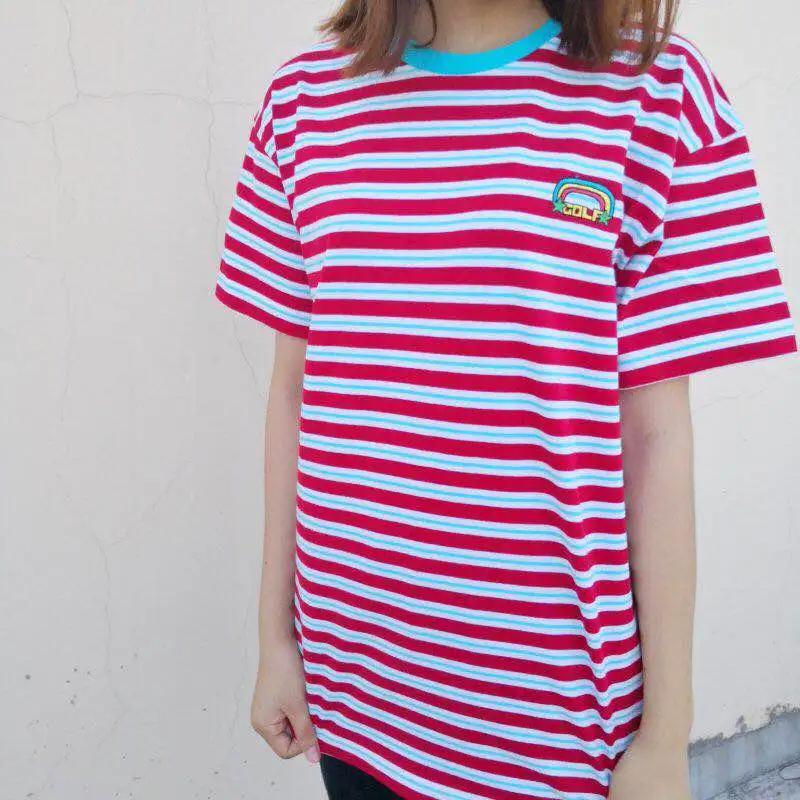 

New Rainbow Striped golf Le Fleur Tyler The Creator T Shirts T-Shirt Hip Hop Skateboard Street Cotton T-Shirts Tee Top #AB56