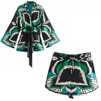 y2k aesthetic print two piece set women outfit sexy breast wrap backless crop topskinny shorts matching lady casualwear
