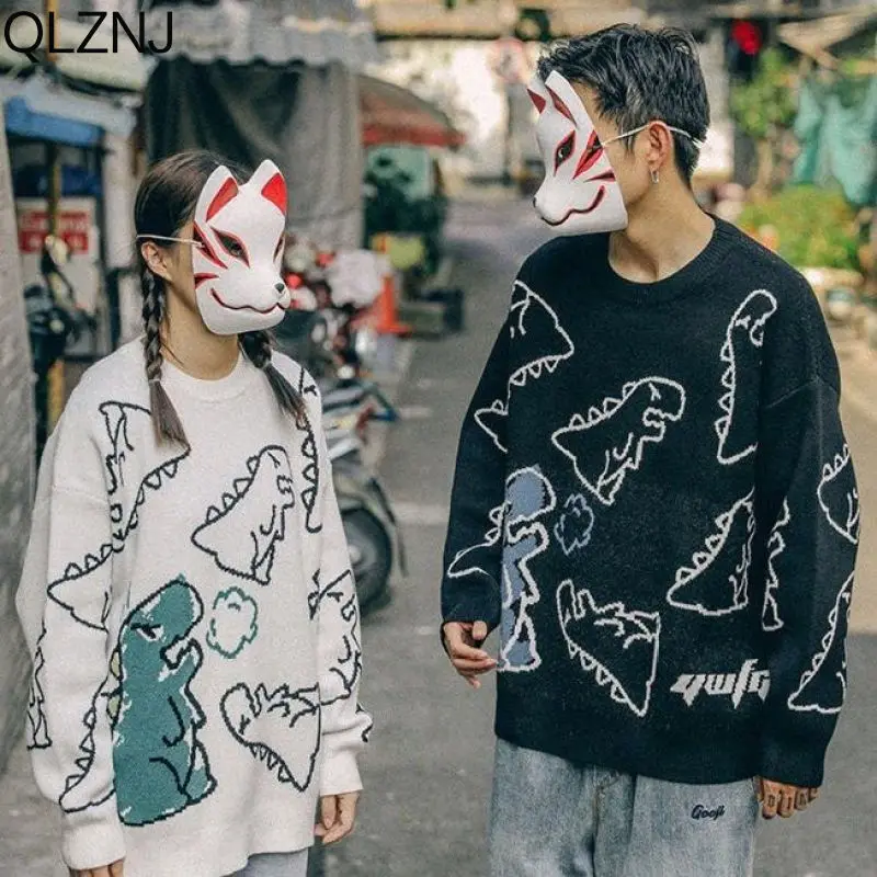 Harajuku Vintage Cartoon Dinosaur Sweater Men Women Casual Long Sleeve Jumper Sweaters Y2k Couple Knitted Pullover Campus Tops