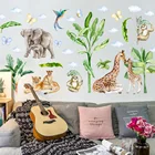 наклейки для детей Настенные стикеры с изображением животных джунглей, декоративные виниловые наклейки на стену с изображением жирафа, слона, тропических листьев, детская комната, дети