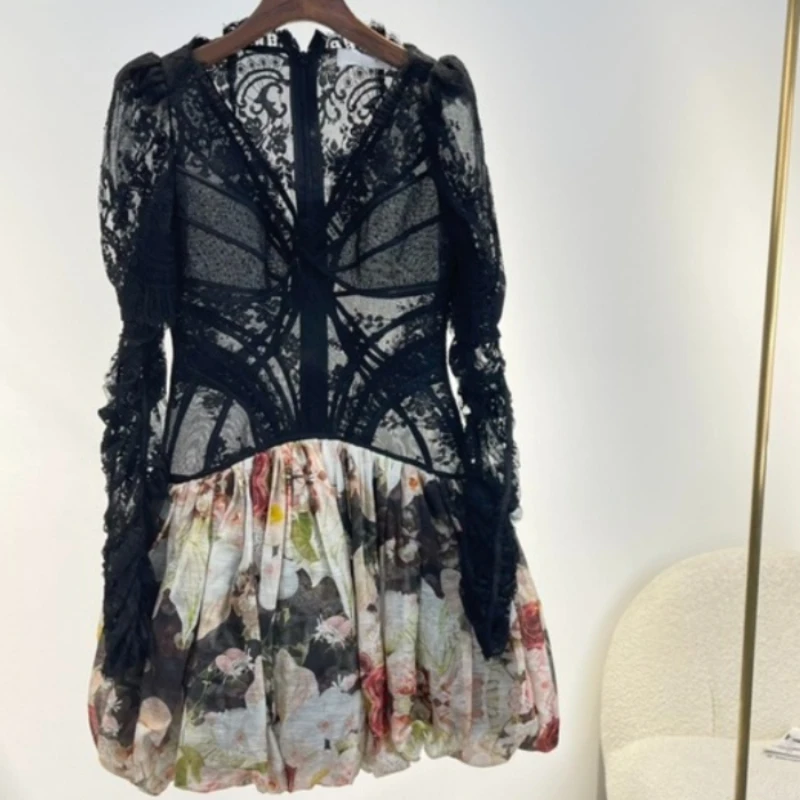 

Женское льняное шелковое платье-мини с цветочным принтом, черное кружевное лоскутное платье-корсет с плиссированным рукавом, лето 2022