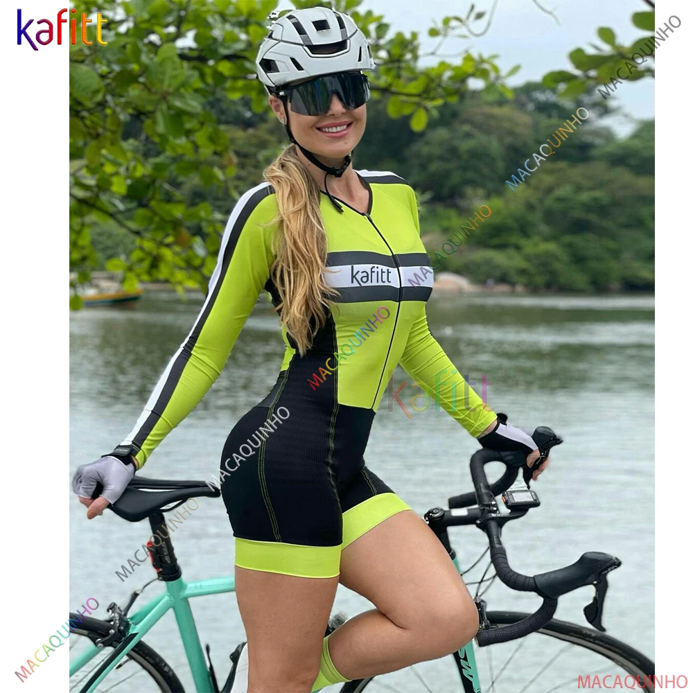 

Женская пикантная зеленая длинная одежда cafitt для езды на велосипеде и триатлона, комплекты костюмов для езды на велосипеде 20D Pad, женский кос...