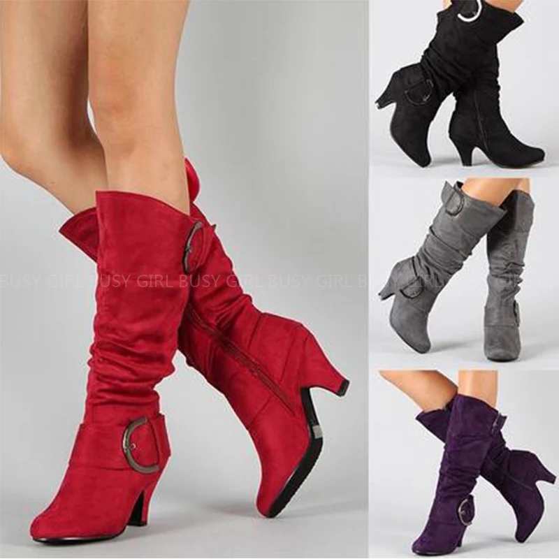 

Red Black Purple Pointed Toe Suede Western Cowboy Boots Metal Embellished Knee Boots