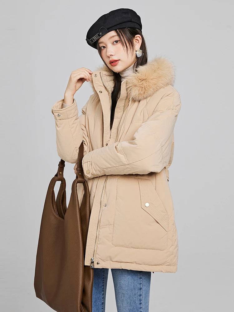 ONE-T Women White Duck Down Coats 2022 Winter Thick Warm Parkas Hood-less Fox Fur Collar Zipper Solid Casual Overcoats Clothing