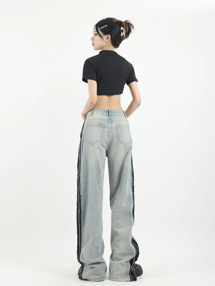 BULOCHOVA American Street Retro Design Zipper Loose Straight Jeans For Women High Waist Girlfriend Cowboy Wide Leg Pants 2023
