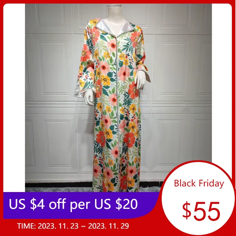 

Ethnic Floral Print Women Muslim Long Dress Kaftan Lapel Collar Rhinestone Evening Gown Islamic Abayas Moroccan Jalabiya Ramadan