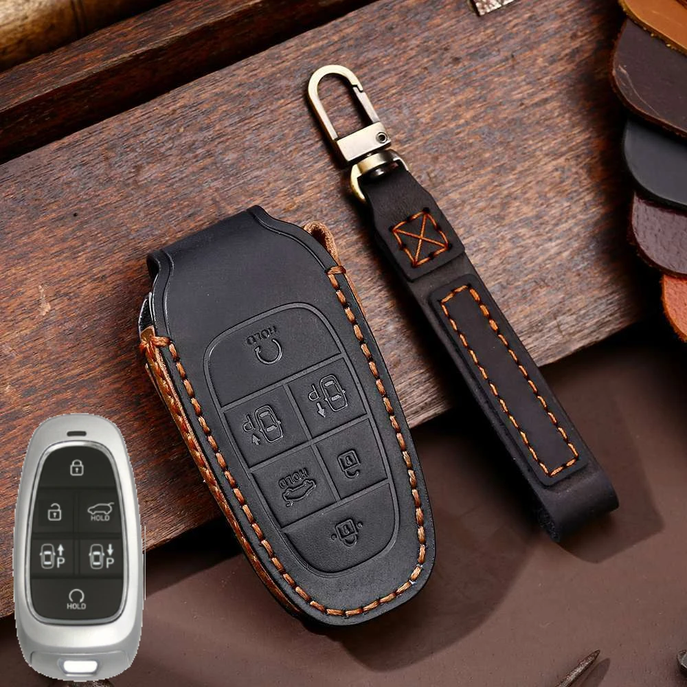 Кожаный чехол для автомобильного ключа ручной работы, чехол для Hyundai Santa Fe/ Sonata/Tucson, 6 кнопок, автомобильный брелок, чехол, чехол, держатель