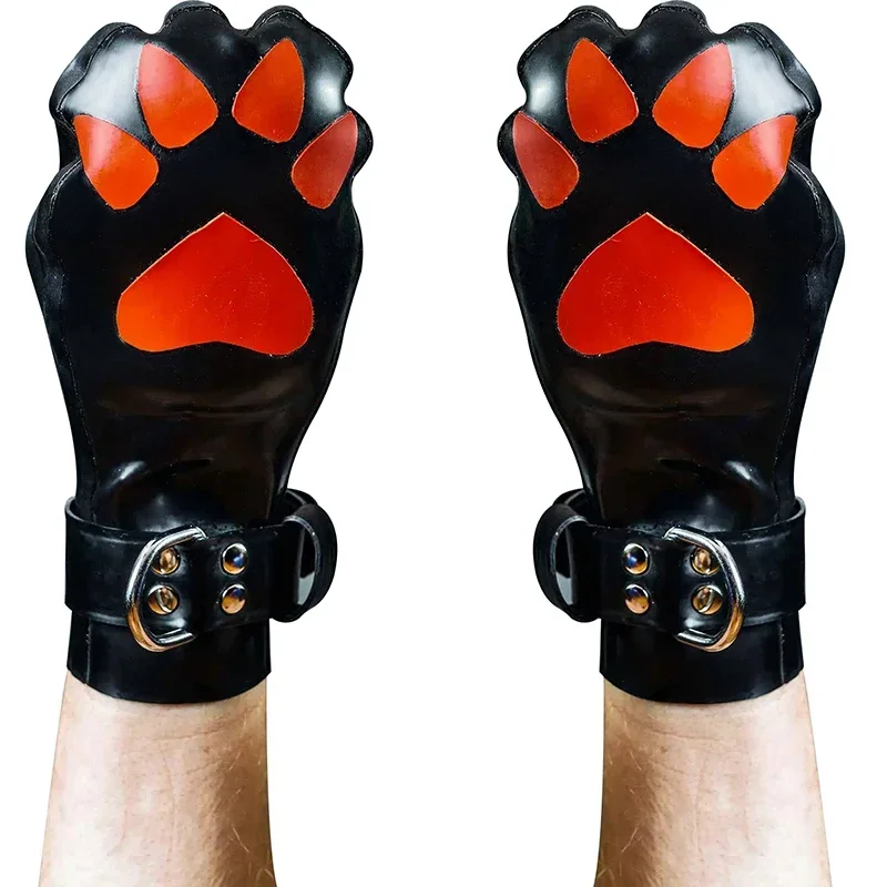 Черные и оранжевые пикантные короткие латексные перчатки с ремнями D-образными