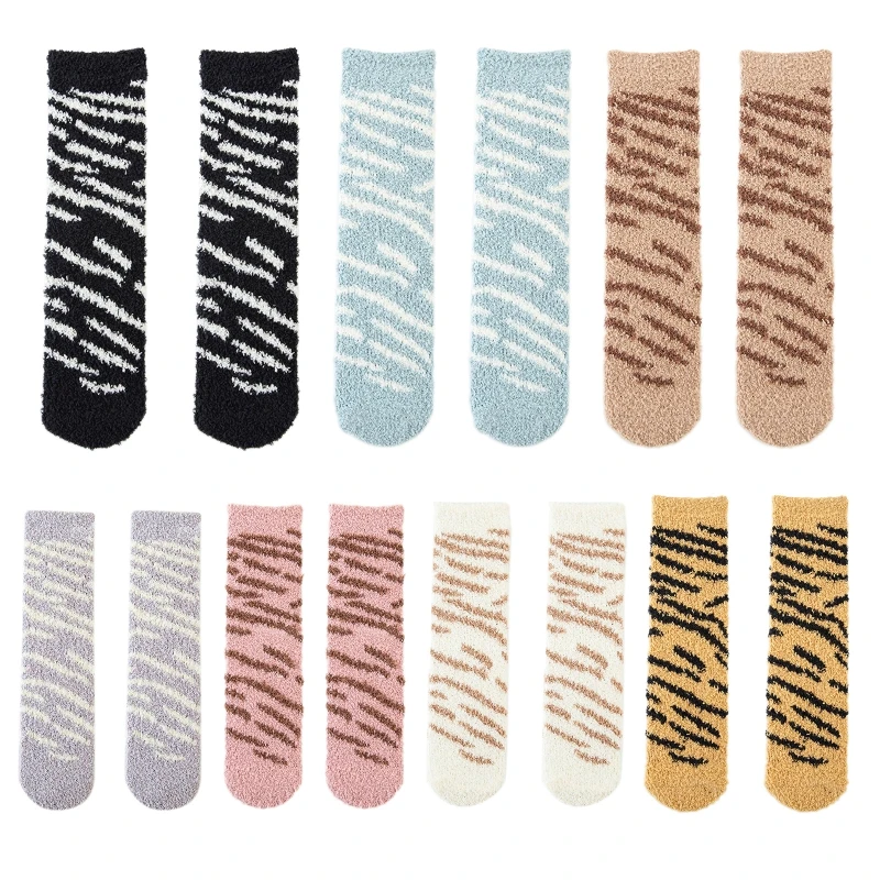

Women Winter Microfiber Fuzzy Slipper Crew Socks Contrast Color Stripes Printed Thick Cozy Warm Sleeping 37JB