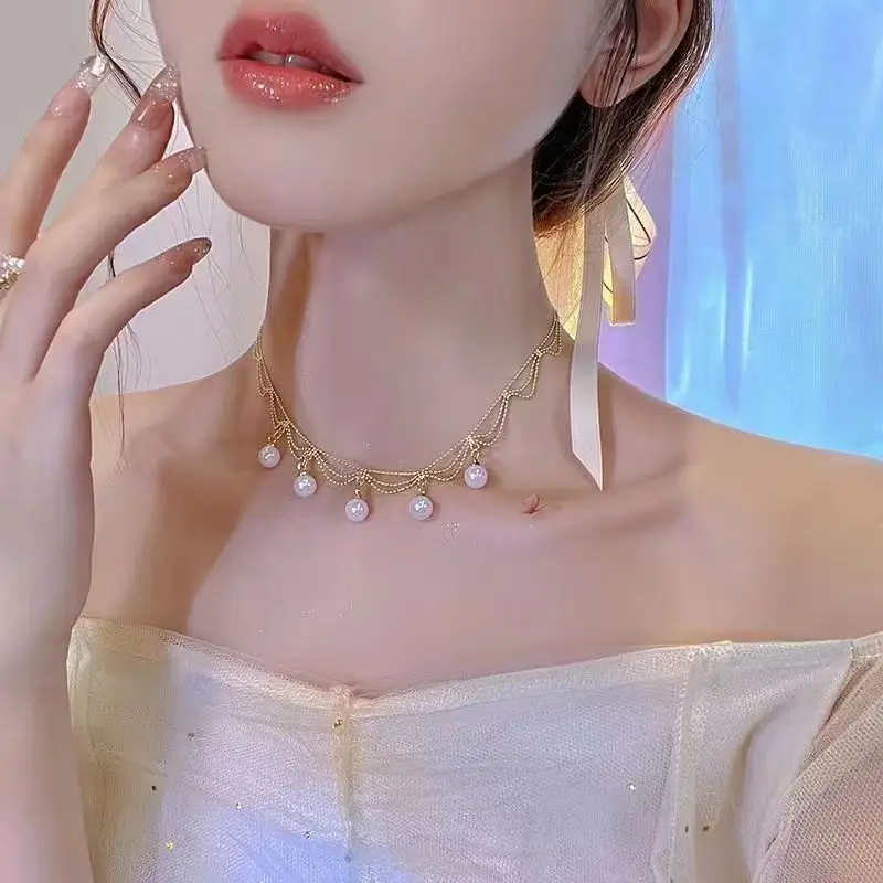 

Super Glitter Pearl Crystal Tassel Necklace For WomenWith High Quality Collarbone Necklace