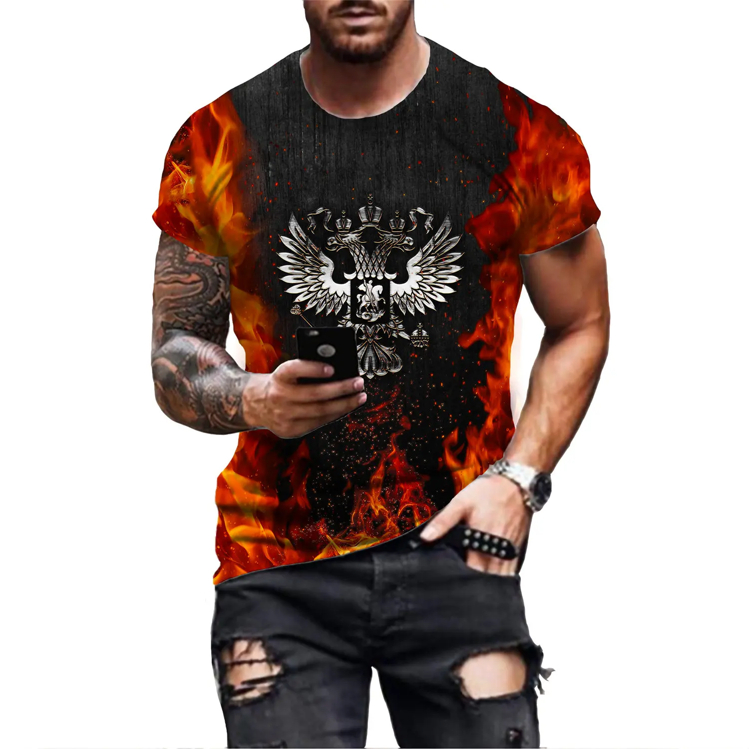 

Футболка мужская с круглым вырезом, рубашка с коротким рукавом, с принтом российского флага, лето 2022