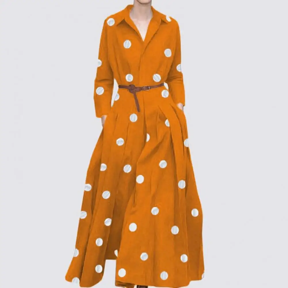 

Women Dress Chic Women's A-line Maxi Dress Stylish Lapel Shirt Dress with Dot Print High Waist Pockets for Spring/autumn