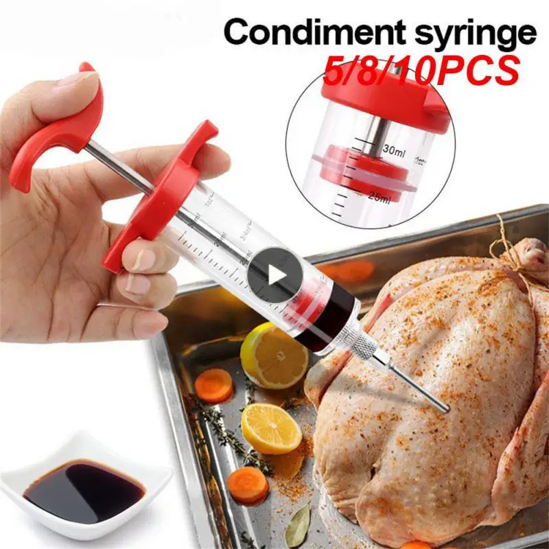 

5/8/10PCS Durable Bbq Meat Syringes Red Kitchen Syringes Stainless Steel Needles Barbecue Meat Syringe Food Grade Kitchen Tools