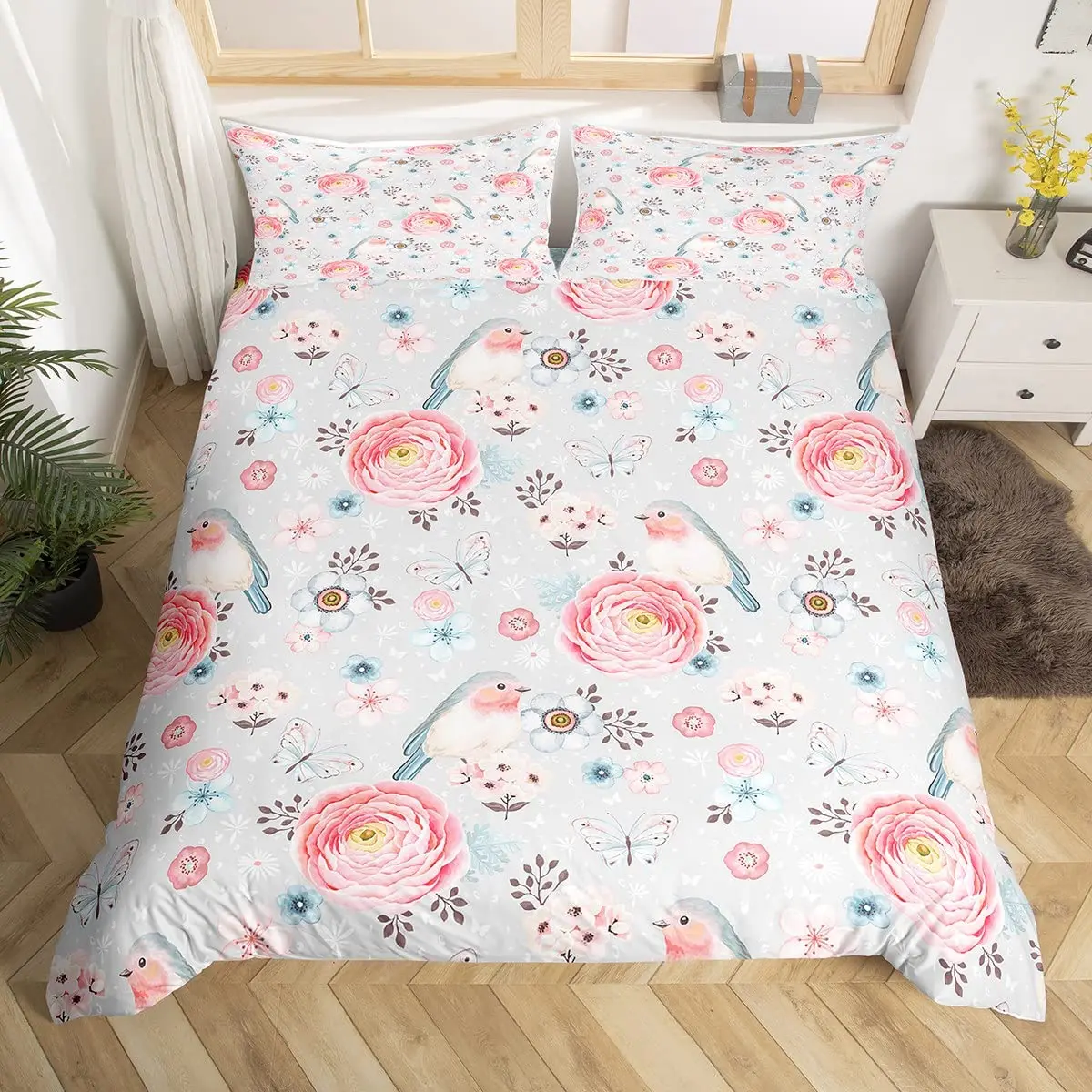Lovely Bird Duvet Cover Set King Size Spring Floral Butterfly Bedding Microfiber Watercolor Garden Flower Comforter