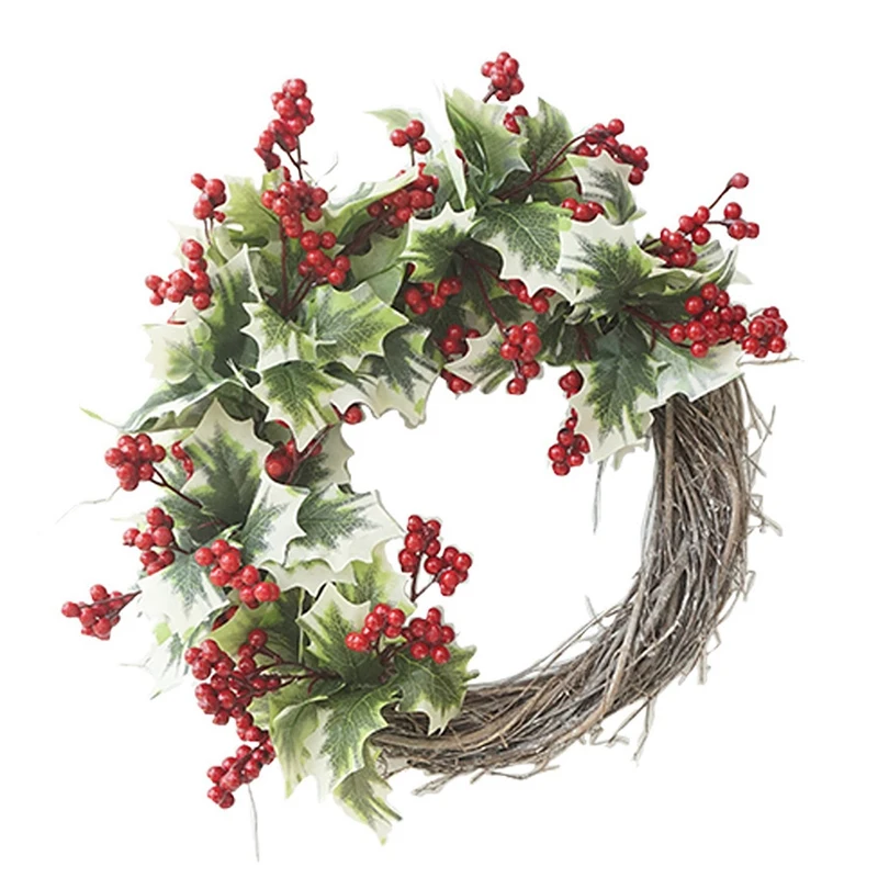 

Искусственный венок для входной двери, с листьями падуба и красной ягодой, для окон, стен, камина вечерние ничное украшение