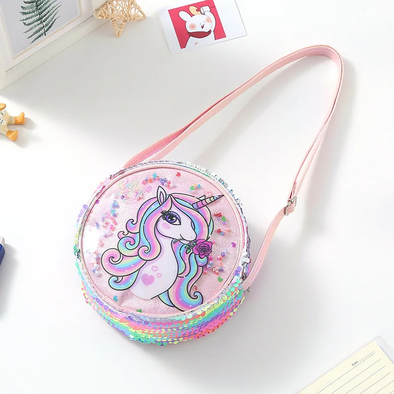 Girls Bag Kids Unicorn Handbag Small Round Sequins Crossbody Bag