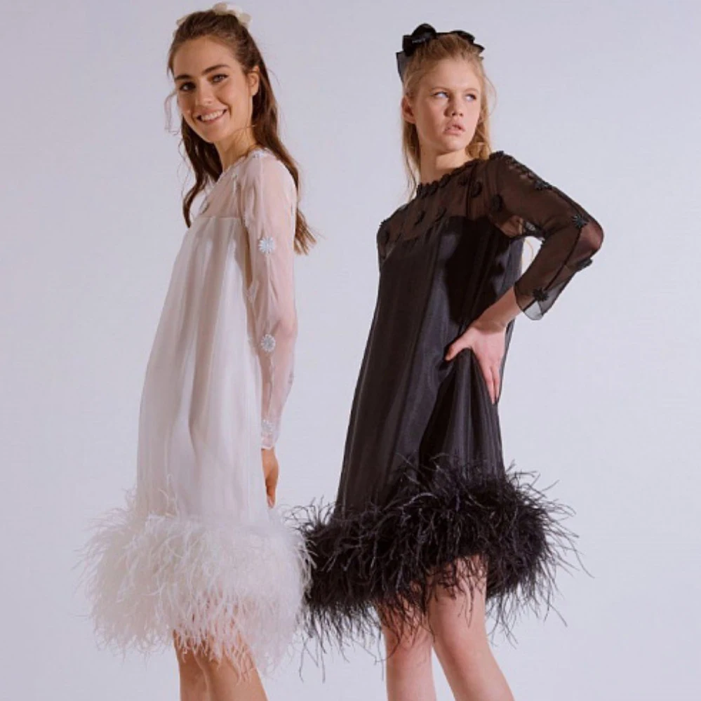 

O-neck Prom Dress See-through Long Sleeve Party Dress Red Women's Dress With Feather Elegant Dresses For Women Plis Size