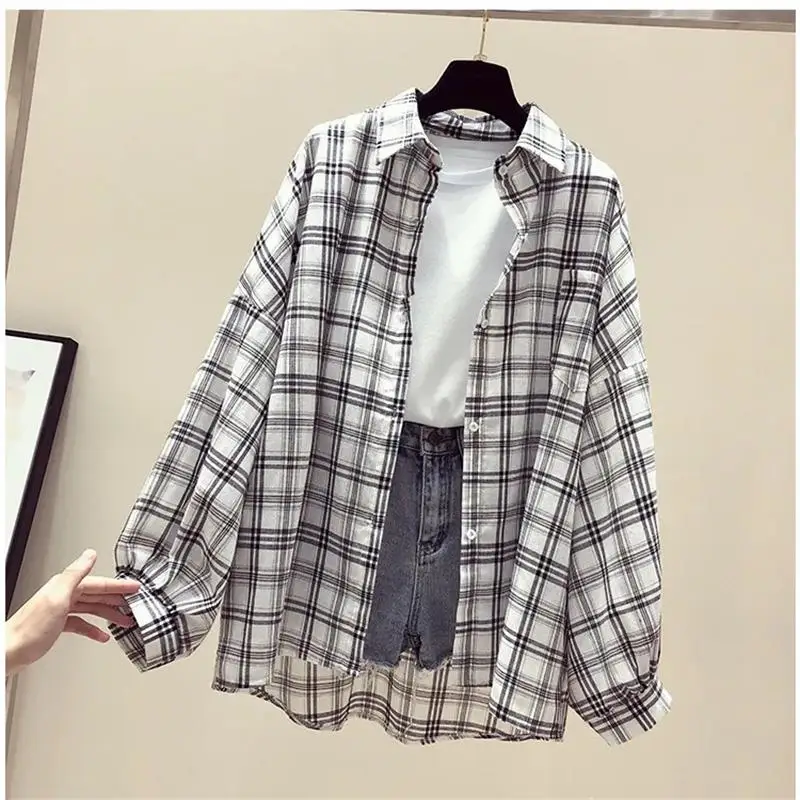 

Women Blouses Korean Thin Plaid Loose Shirts Female Daily Streetwear Cute Student Clothing Fashion Vintage Girl Shirt Outwear