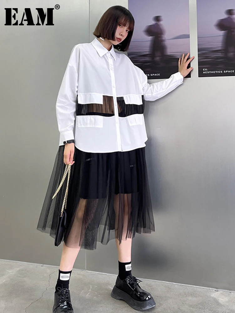 

[EAM] Women White Mesh Spliced Big Size Shirt Dress New Lapel Long Sleeve Loose Fit Fashion Tide Spring Autumn 2022 1DE6437