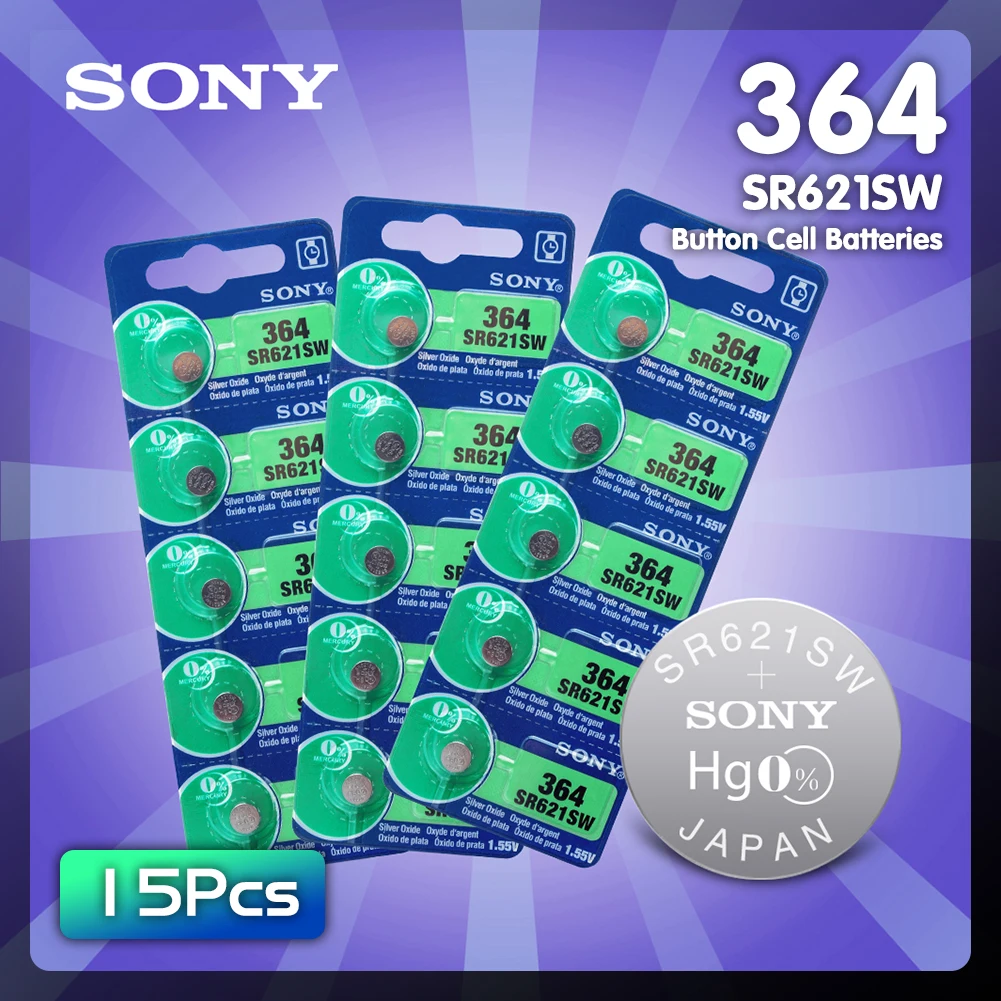

15pcs Sony 1.55V 364 SR621SW V364 SR60 SR621 AG1 Watch Battery Button Coin Cell For Watch Toys MADE IN JAPAN