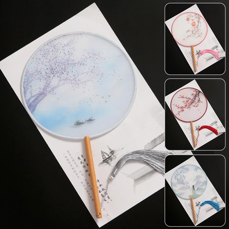 Китайский круглый Ручной Веер с винтажным принтом Шелковый веер древней