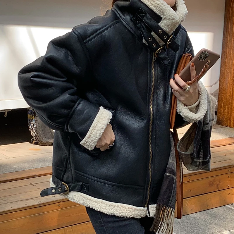 

Осенне-зимняя уличная Женская мотоциклетная куртка yраз из искусственной овечьей шкуры, плотная теплая Свободная верхняя одежда, Женская к...