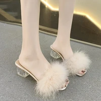 new slippers womens one word fur sandals crystal thick heel net red summer fashion outer wear half slippers womens shoes