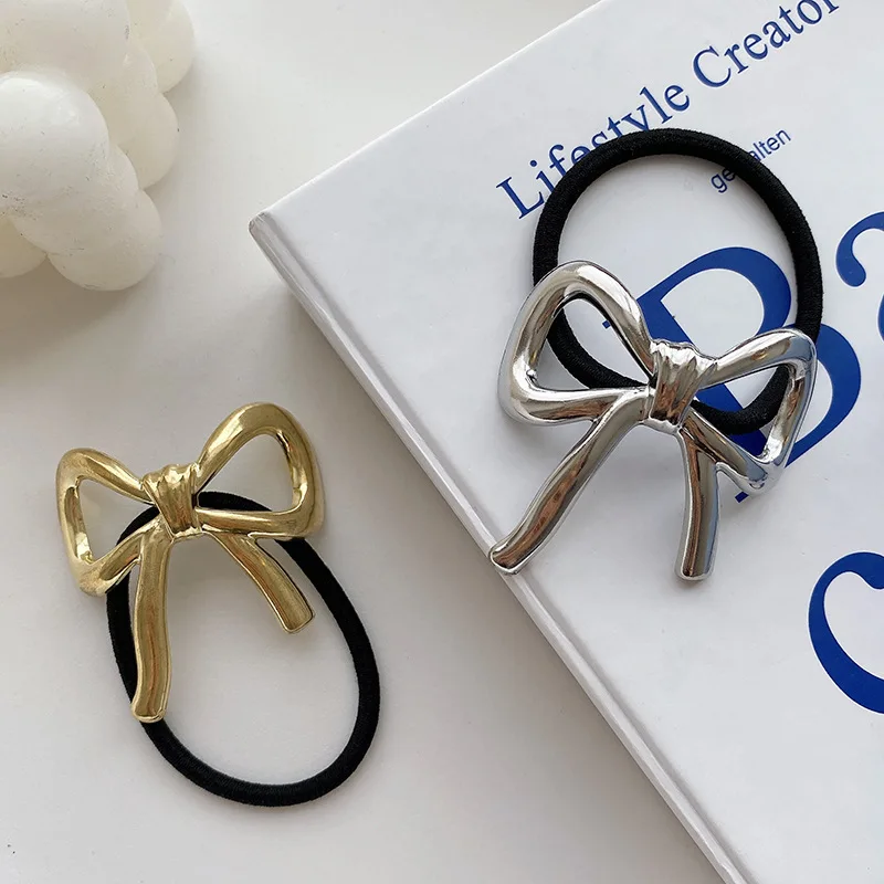 Women Girl Minimalist Style Alloy Bow Pendant Elastic Hair Band Ponytail Holder Accessories Rubber Bands Tie Gifts