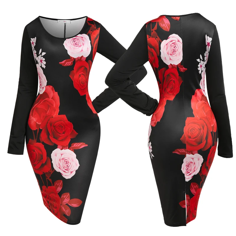 

Women's Vintage 1950S Sext Print Floral Long Sleeve Crew Neck Sliming Pencile Wedding Party Midi Thigh Mini Dress