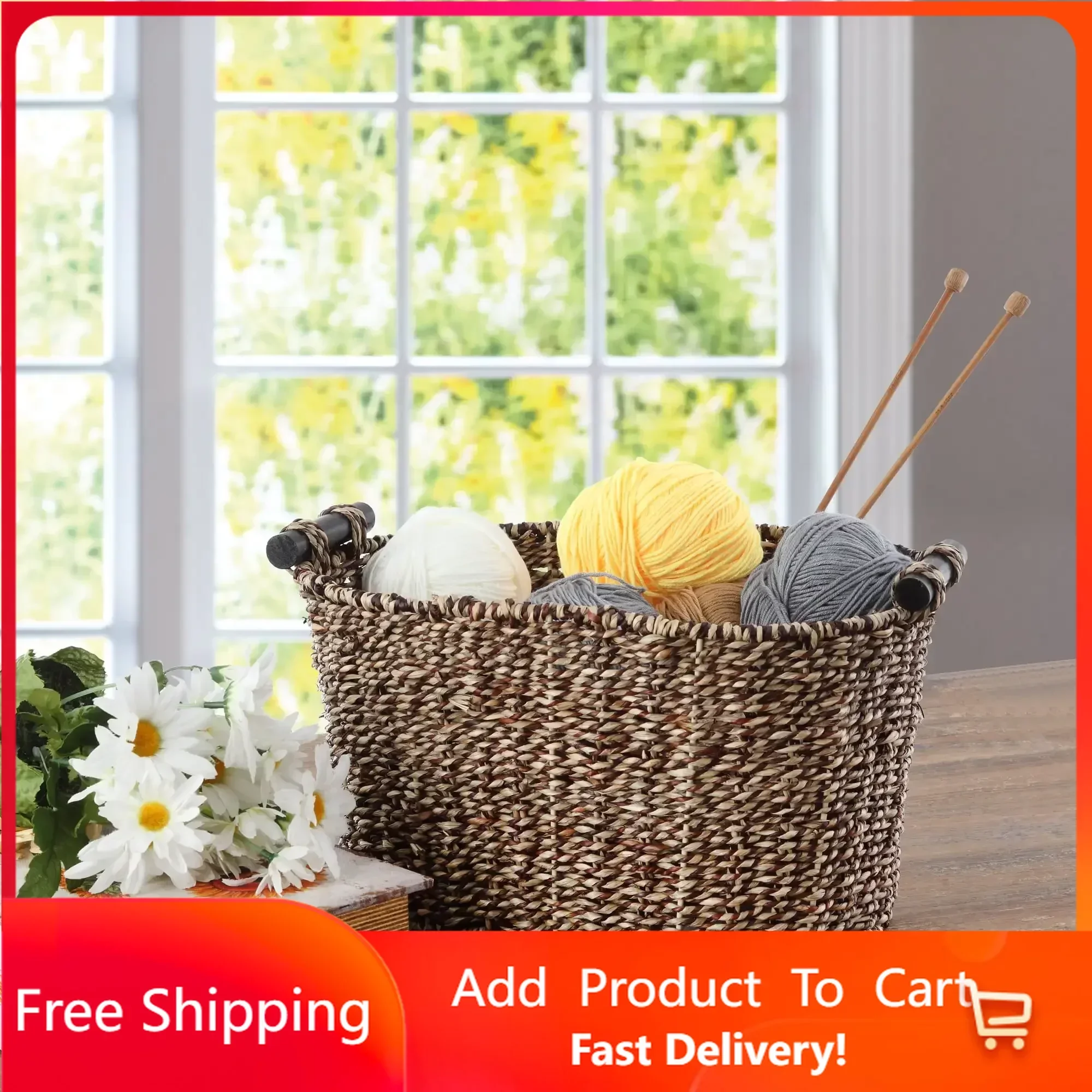 

Brown Oval 2-Hue Seagrass Storage Basket with Wooden Handles， storage baskets Rapid Transit Free Shipping