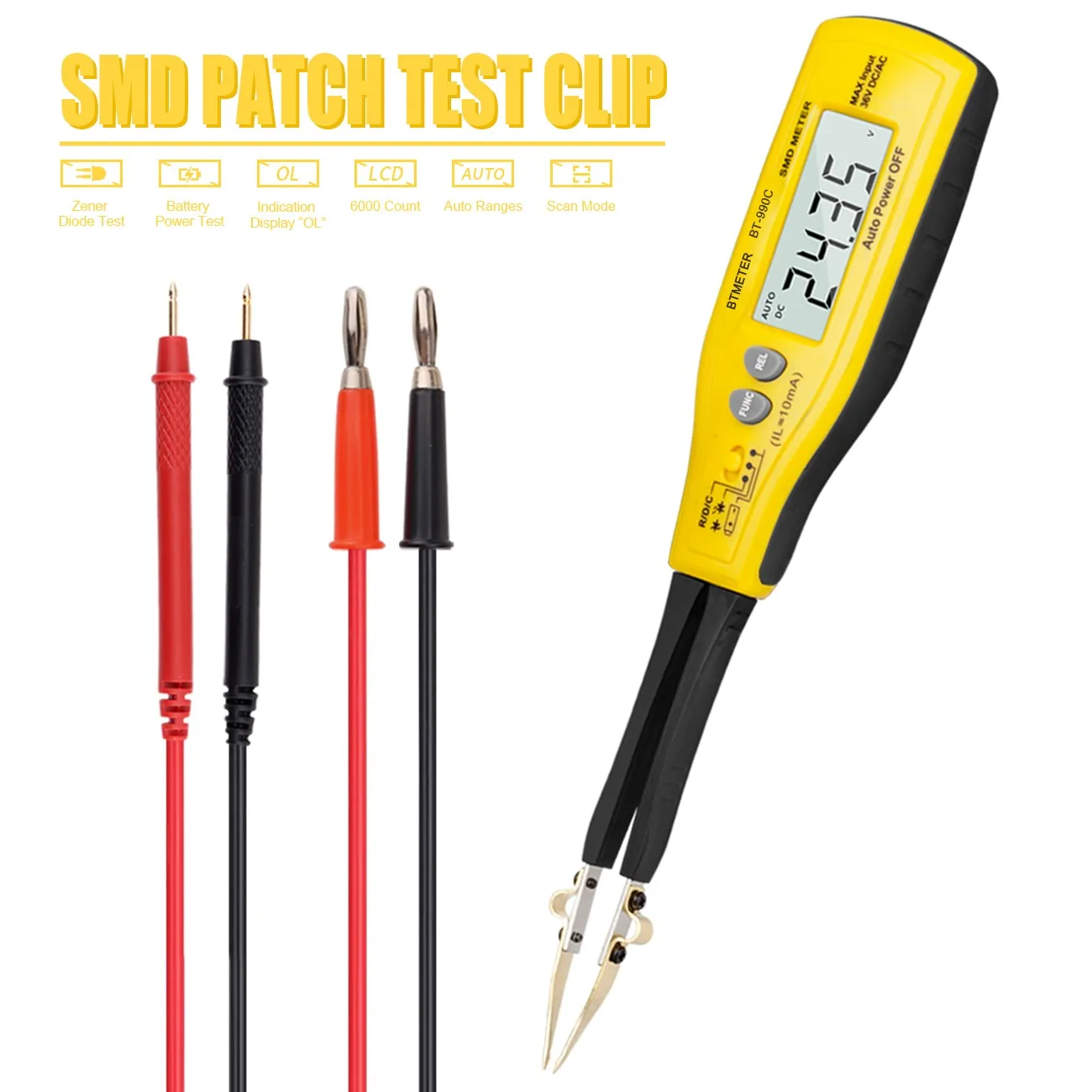 990C Digital SMD Tester Capacitance Meter for Diode Capacitance Resistance Tweezers Meter Battery Tester with Spare Test Pin