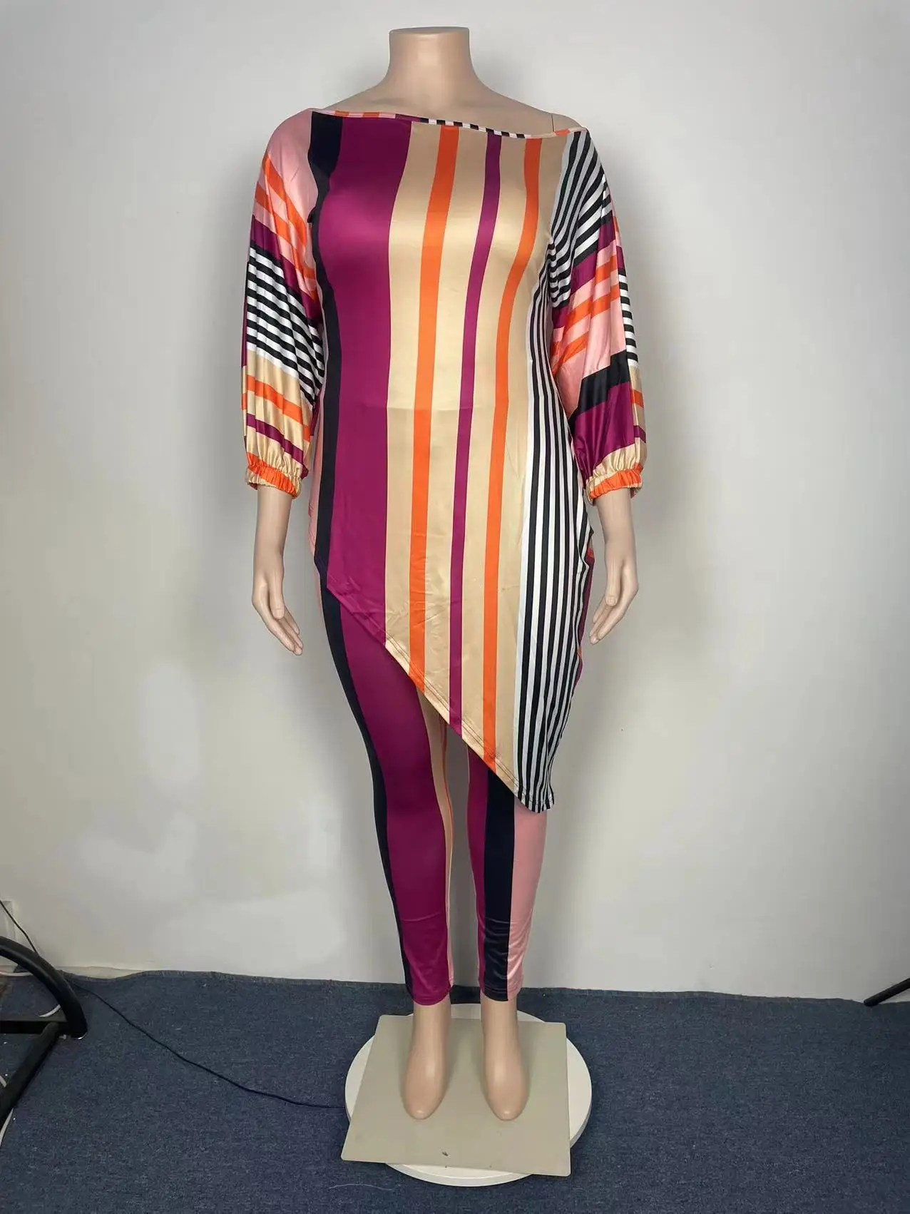 Plus Size Women Clothing Casual Fashion Printed Long Sleeve Color Vertical Stripe Two-piece Set Office Lady for Vestidos Long