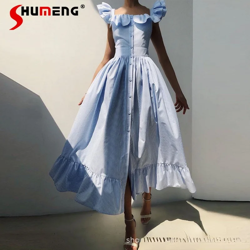 

2022 Summer New Striped Printed Ruffled Patchwork Long Dress Women Square Collar Short Sleeve Single-Breasted Dress Female