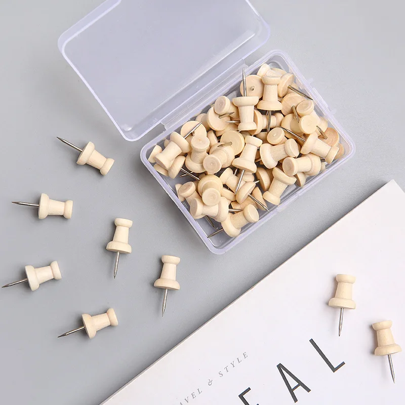 

50 Pcs/Box Wooden Map Thumbtacks Push Pins Diy Art Thumb Tacks for Photos Cork Board Offie Student Stationery School Supplies