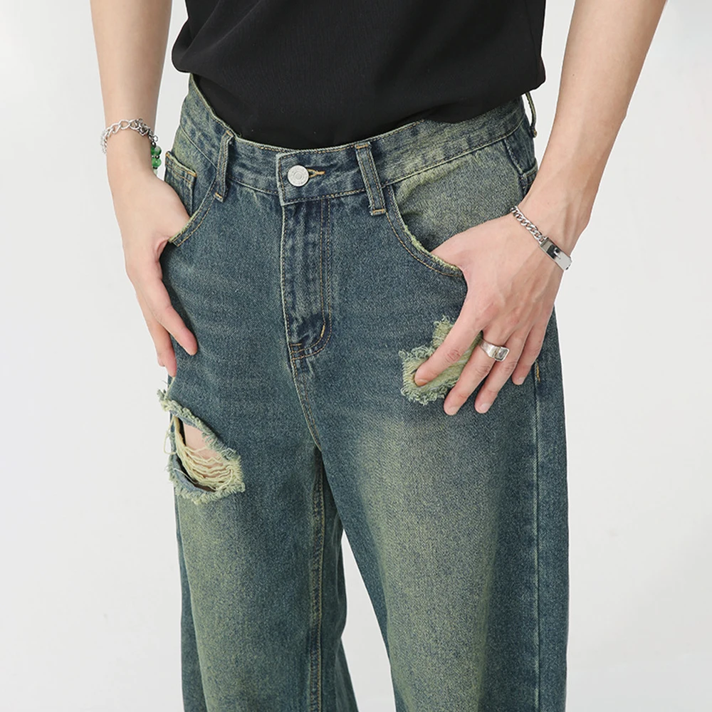 HOUZHOU Ripped Jeans for Men Wide Leg Pants Hip Hop Distressed Denim Trousers Male Vintage Casual Japanese Streetwear Hippie