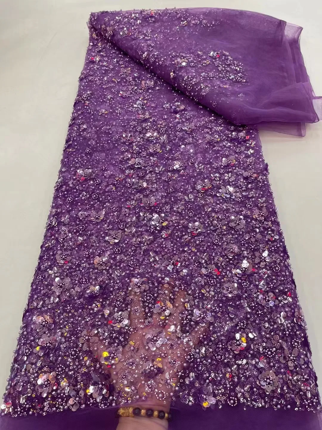 

New Purple Luxury African Sequin Lace Fabric 2023 French Net Sequence 3D Embroidery Nigerian Party Gold Line Material