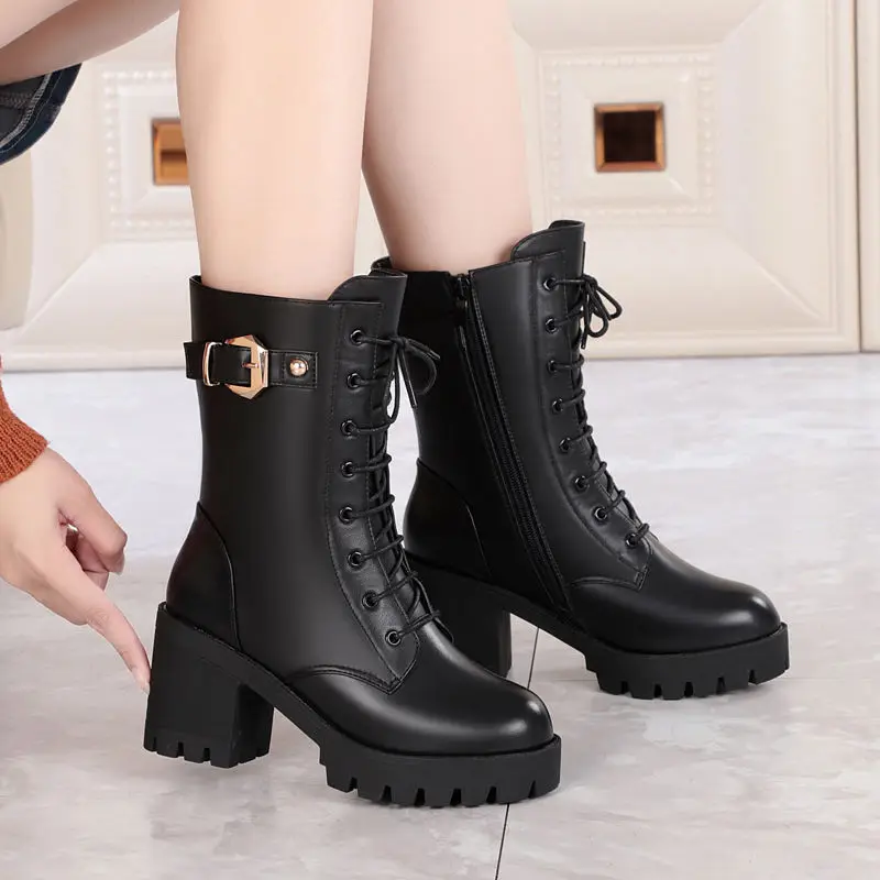 Women Mid-calf Leather Snow Boots Side Zip Boots Modern Female Motorcycle Shoes Plush Lining Winter Warm Footwear